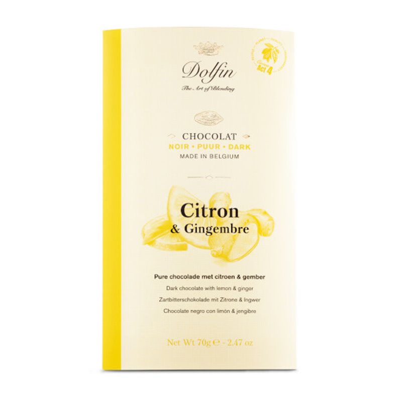 Pure chocolade met citroen en gember 70g