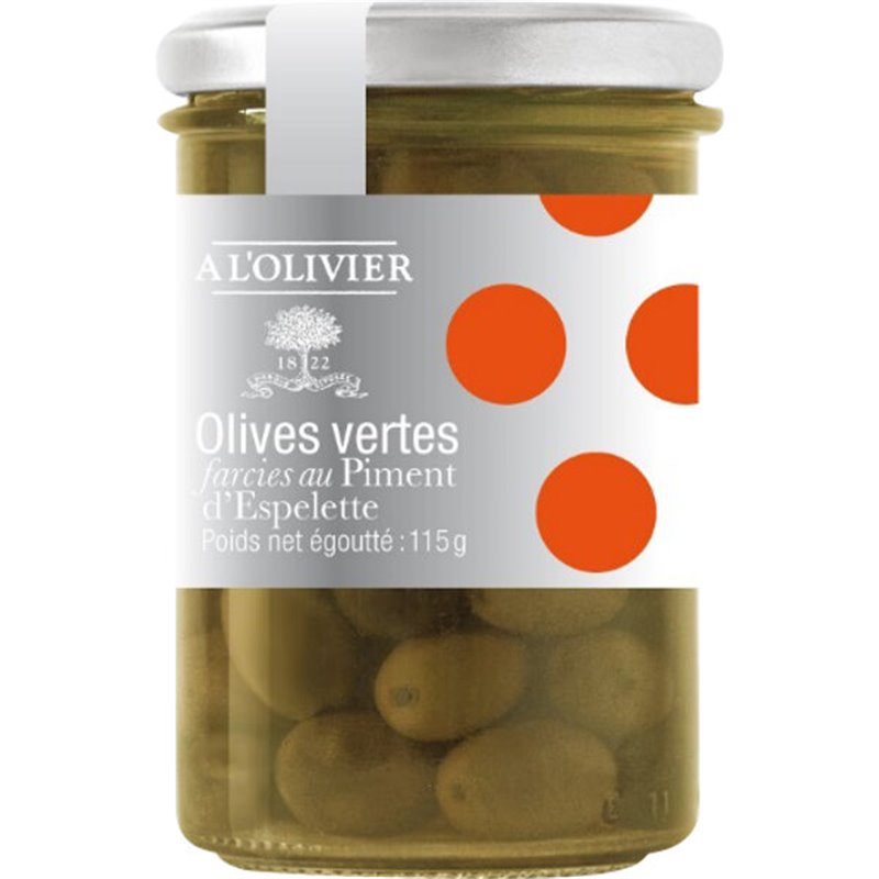 Groene gevulde olijven met espelette peper 115g