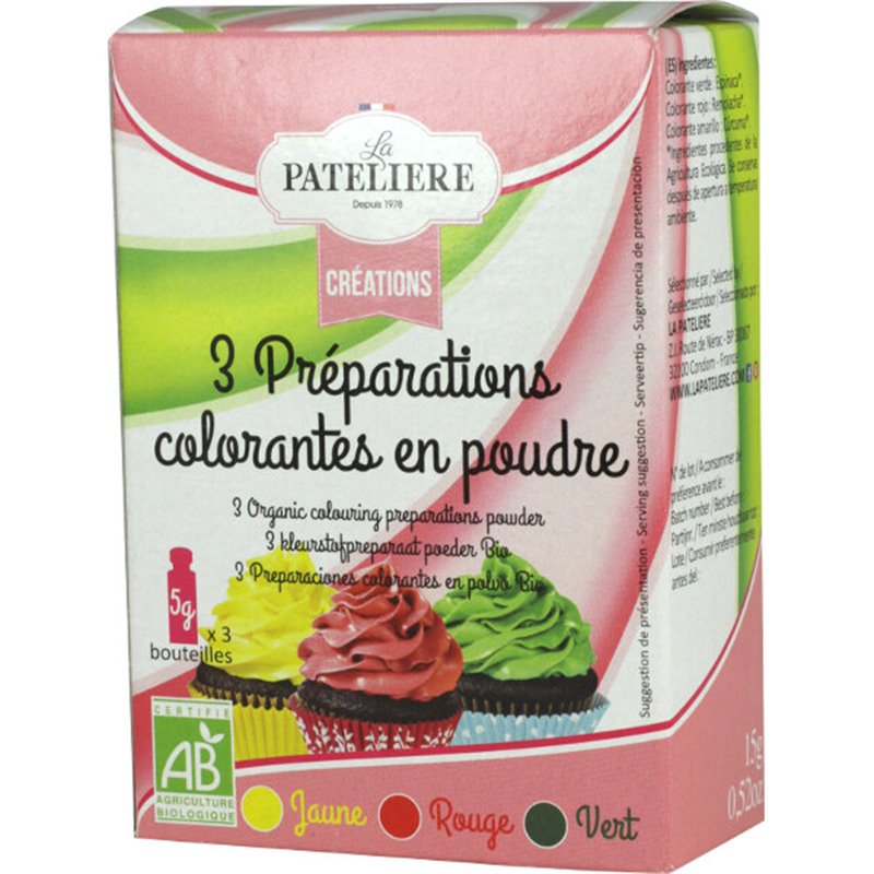  Préparations colorantes en poudre (vert, jaune, rouge) BIO 135g