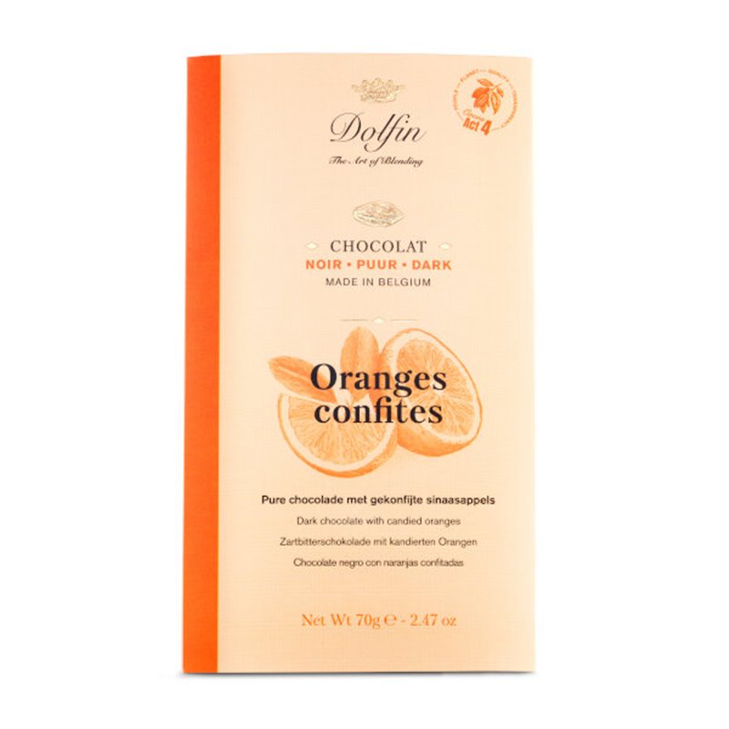 Pure chocolade met gekonfijte sinaasappels 70g