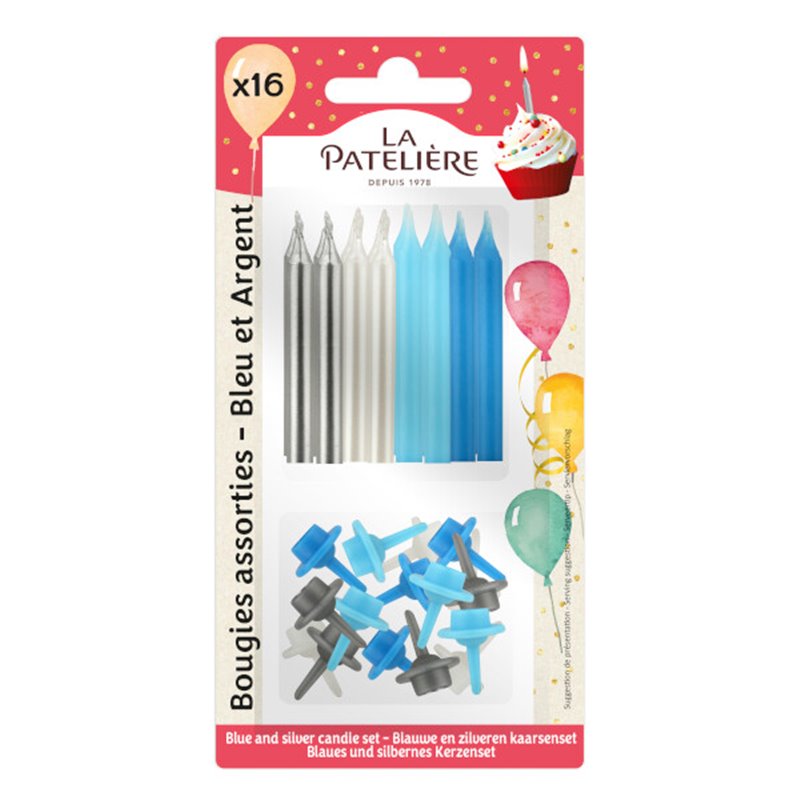 Bougies assorties - bleu et argent x16 30g